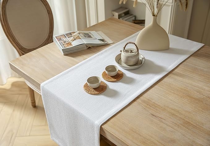 ZeeMart Burlap Style Farmhouse Table Runners 36 Inches Long, White Rustic Woven Dining Table Runner for Everyday Use, 14x36 Inches, White