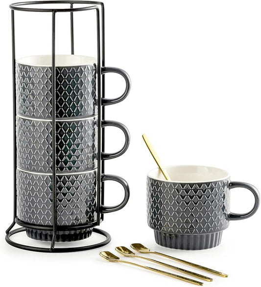 Gomakren Coffee Mugs Set of 4, 13 Ounce Stackable Coffee Mug Set with Stand, Stoneware Coffee Cup with Spoon for Coffee, Milk, Tea, Cocoa, Grey