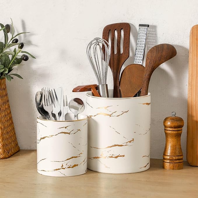 7"+5.3" Marble Utensil Holder, Large Kitchen Utensil Holder Organizer , Golden Marble White Stable Utensil Crock Spatula Holder for Kitchen Counter Countertop Farmhouse Cooking Tools Holder