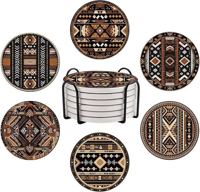 Drink Coasters Set of 6, Western Ceramic Stone Coasters, Western Home Decor, with Cork Base and Metal Holder, Absorbent Round Non-Slip Drink Coffee Bar Decor Mug Cup Coaster