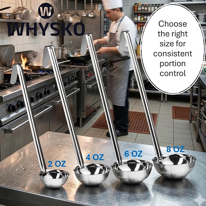 Whysko Soup Ladle Stainless Steel, 2 oz Metal Ladle Spoon, Rustproof Heat Resistant Materials for Cooking and Serving Soups and Sauces, Commercial Grade for Restaurants Catering and Kitchen Essentials