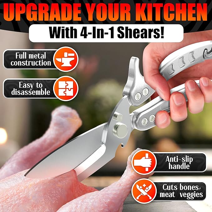 Heavy Duty Poultry Shears – Kitchen Shears Dishwasher Safe, Spring-Loaded, 3Cr14 Steel, Micro-Serrated, Separates for Easy Cleaning | Bone Scissors for Chicken, Turkey, Seafood & Fish Scale (Silver)