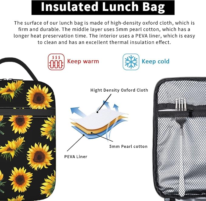YETTA YANG Sunflower Flower Floral Black Portable Lunch Bag Insulated Lunch Box Reusable Totes For Women Men Work Picnic Camping