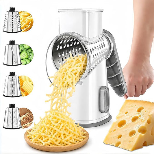 VEKAYA Rotary Cheese Grater Hand Crank with 4 Interchangeable Stainless Steel Blades, Large Manual Handle Shredder and Waffle Slicer for Vegetables, Cheese and Nuts with Table Suction Base(White Grey)