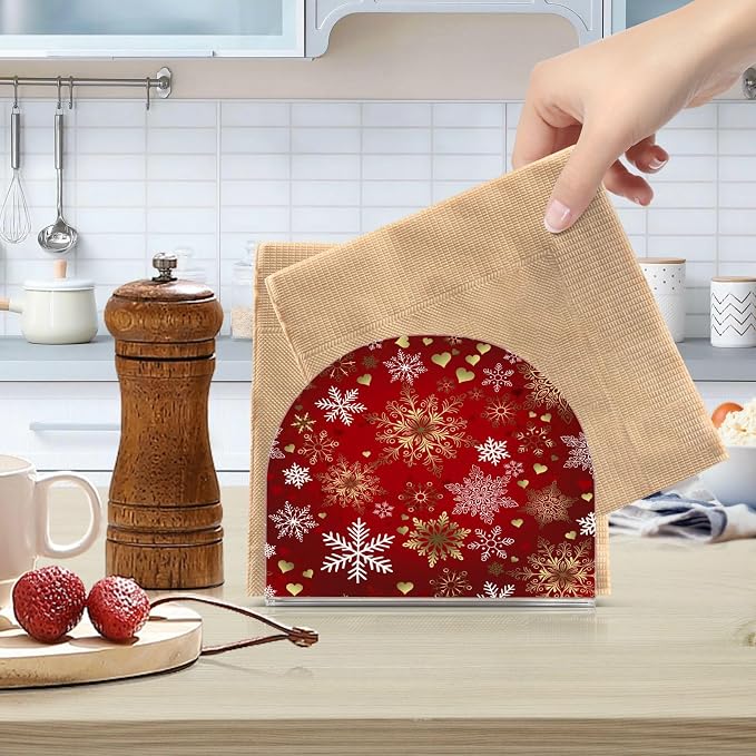 Red Gold Snowflakes Christmas Napkin Holder for Tables Paper Cocktail Napkin Holders for Kitchen and Dinning, Acrylic Dinner Napkin Dispenser for Restaurant Home Decor Bar Accessories 1 Pack