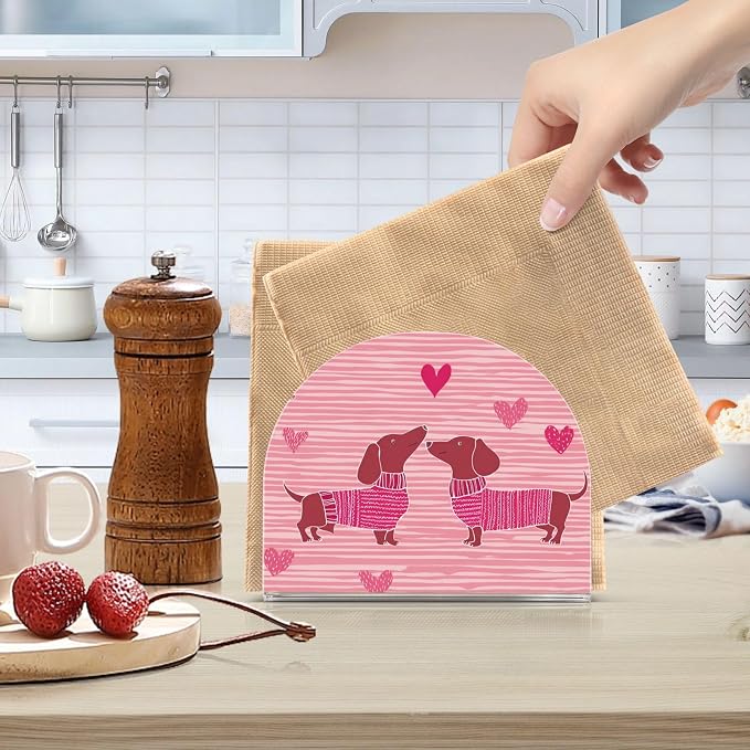 Napkin Holder Acrylic Napkin Holder for Table Kitchen Party Restaurant U Shaped Upright Napkin Dispenser Organizer Pink Striped Dachshunds and Hearts