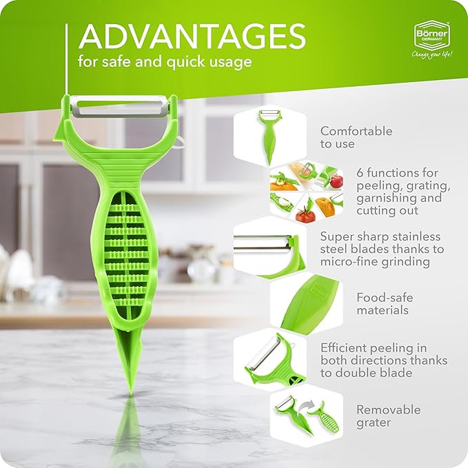 Börner by Reston Lloyd Vegetable Peeler, Garnish Knife, Nutmeg/Garlic Grater, Made in Germany, Green