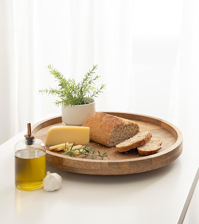 Kate and Laurel Halsey Round Lazy Susan Tray Organizer; 18 Inch Diameter; Natural Brown; Transitional Round Countertop Organizer with Turning Lazy Susan for Kitchen Storage