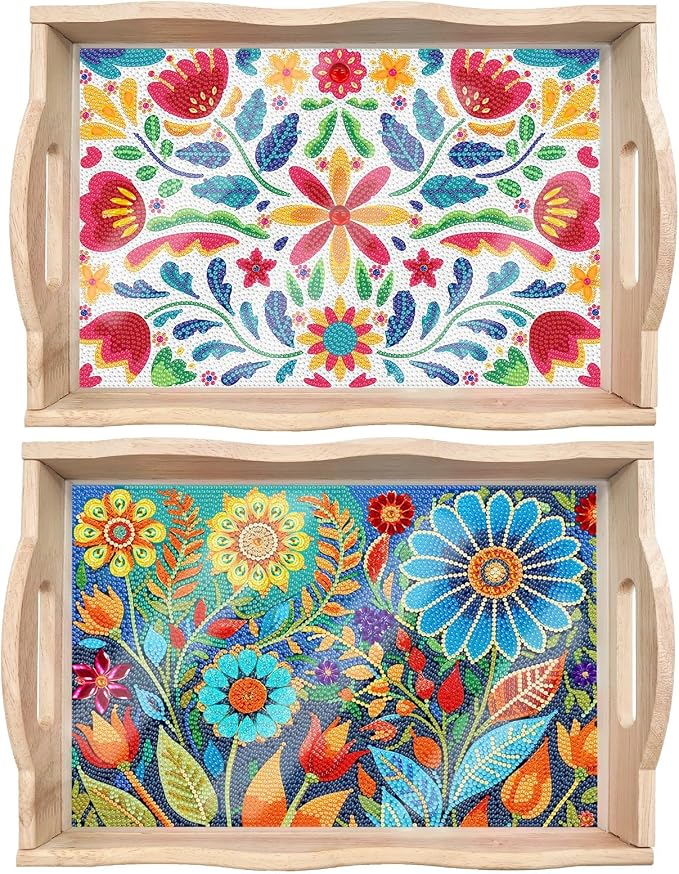 Generic 2Pcs DIY Diamond Serving Tray Rectangular Upgrade Increase Breakfast Tray with Handles Handmade Diamond Art Painting Wooden Tray Dinner Plate for Coffee Living Room Home Organizer-03