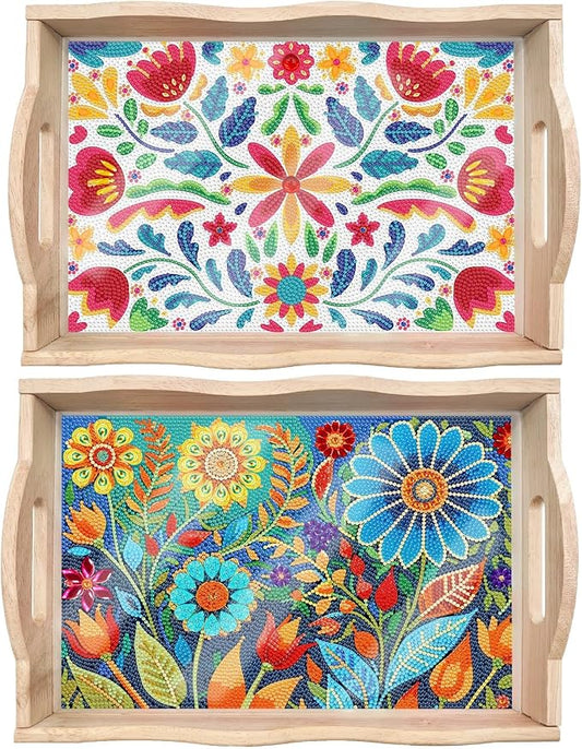 Generic 2Pcs DIY Diamond Serving Tray Rectangular Upgrade Increase Breakfast Tray with Handles Handmade Diamond Art Painting Wooden Tray Dinner Plate for Coffee Living Room Home Organizer-03