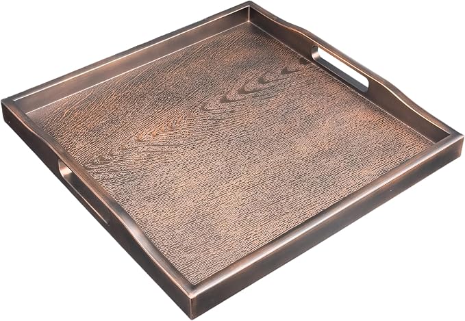 Bam & Boo Square Plastic Serving Tray 14.5" x 14.5" x 1" with Handles Wood Grain Texture Padded Bottom
