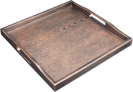 Bam & Boo Square Plastic Serving Tray 14.5" x 14.5" x 1" with Handles Wood Grain Texture Padded Bottom