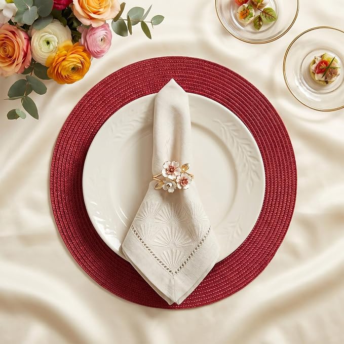 AHHFSMEI Round Placemats Set of 6 Heat Resistant Washable Non-Slip Woven Braided Table Mats for Dining Table Kitchen & Home Decor (Burgendy Red)