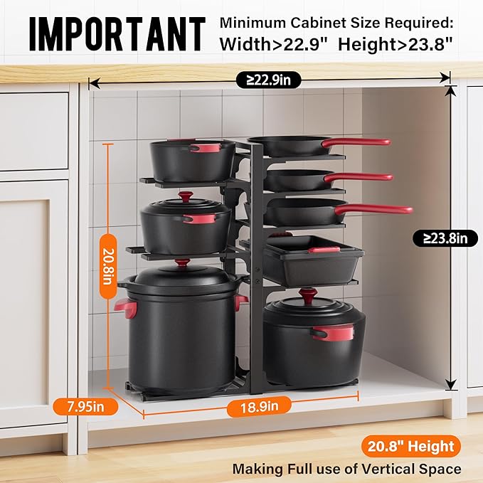 MUDEELA Pots and Pans Organizer under Cabinet 20.8" Height, Heavy Duty Adjustable Pot Pan Organizers inside Cabinet, 8-Tier Kitchen Cabinet Organizers and Storage for Big Stockpots, Heavy Cookware