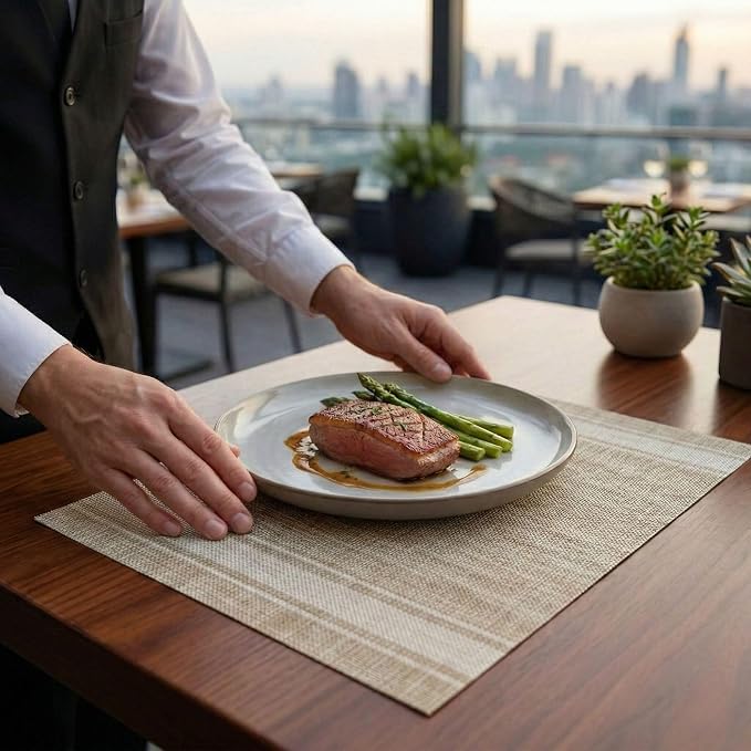 Restaurantware French Countryside 16 x 12 Inch Dining Table Placemats Set Of 6 Heat-Tolerant Kitchen Table Mats - Eggshell Stripe No Stain Khaki Vinyl Woven Rectangle Placemats Easy To Clean