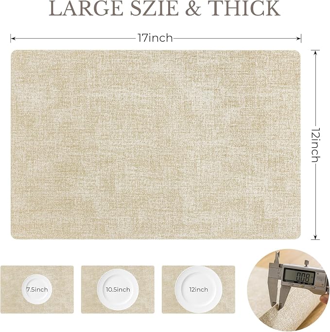 Romanstile Vinyl Placemats Set of 6-12 X 17 Inch - Faux Leather 100% Waterproof Wipeable Anti Slip Place Mats, Heat Resistant Reversible PU Table Mats for Kitchen Dining Party Outdoor, Beige