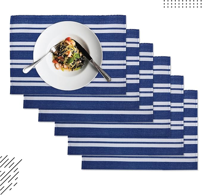Encasa XO Dining Placemat Set of 6 | Franca Blue Stripes Color | Fine Ribbed Cotton Table mat | Size 19x13 in | Machine Washable