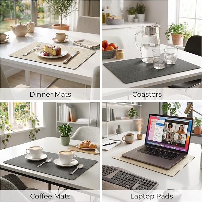 Romanstile Vinyl Placemats Set of 6, Reversible Faux Leather Heat Resistant Wipeable Table Mats, Waterproof Washable Non-Slip Table Placemats for Dining/Kitchen/Party/Outdoor (Grey Beige, 12" x 17")