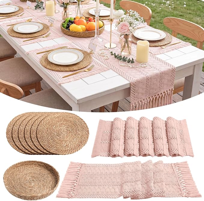 Boho Placemats 4/6/8 Set of Round Woven Placemat Macrame Style Bicolor Stitching Long Table Runner Farmhouse Rustic Natural Burlap Cotton for Kitchen Dining Table(6 Sets,Pink,12x72)