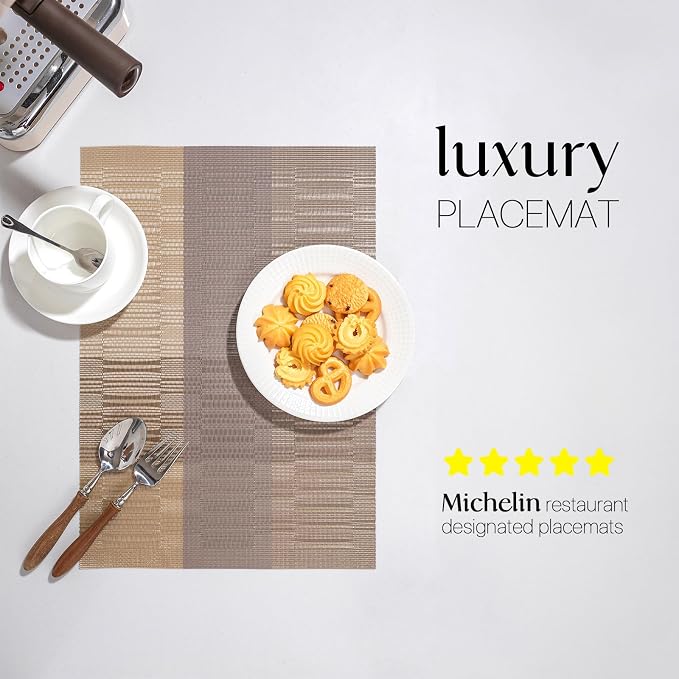 LEXMORE Placemats Set of 6 Vinyl/Plastic Woven Place Mats for Kitchen Table Indoor/Outdoor Washable Placemat Wipeable Dining Table Mats(Gold Dune)