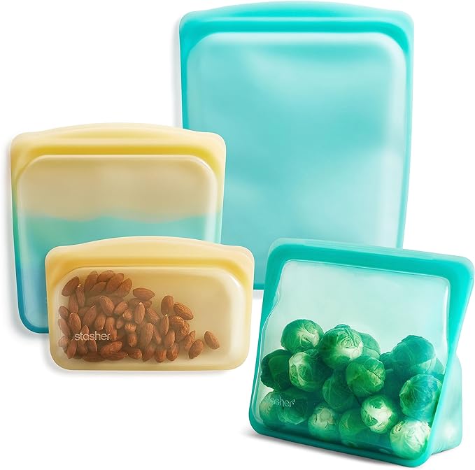 Stasher Silicone Reusable Food Storage Bags, 4-Pack, Reusable Freezer Bags, Microwave, Dishwasher, Oven Safe, Sous Vide, Lunch Containers, Eco Friendly, Food-safe Silicone Snack Bag, Endangered Seas | Reusable Food Bags
