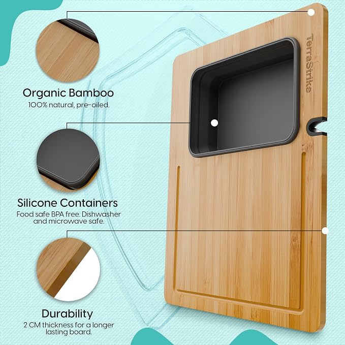 Bamboo Cutting Board Set with Knife Sharpener – Thick Wood Boards with Juice Groove, Silicone Container & Handles Non-Toxic Over Sink Design Ideal Kitchen Gifts