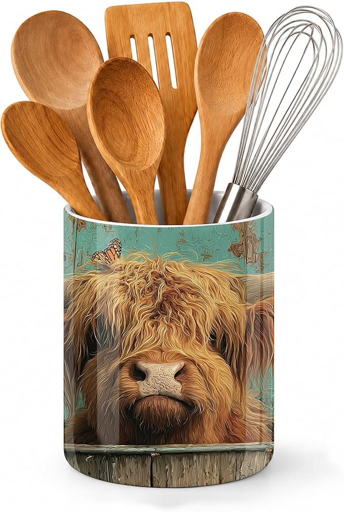 Highland Cow Utensil Holder for Countertop,Sunflower Butterfly Ceramic Utensil Crock Organizer for Home Kitchen Spoons,Spatulas and Cooking Tools