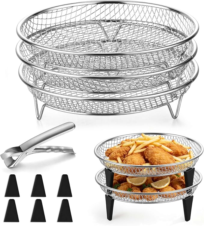 P&P CHEF 7.9 Inch Round Air Fryer Rack Basket Set, 3Pcs Stackable Stainless Steel Air Fryer Baskets Accessories for Roasting, With Anti-scalding Clip & Silicon Feet, Oven & Dishwasher Safe