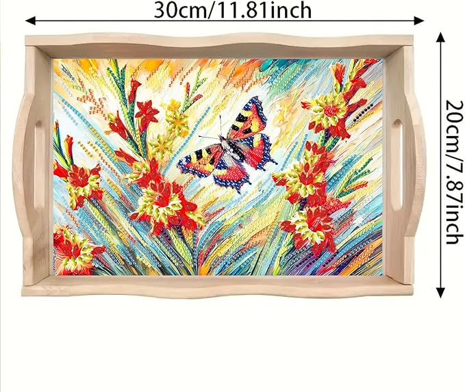 DIY Diamond Serving Tray Rectangular Wooden Breakfast Tray with Handle Handmade Diamond Art Painting Spring Creative Dinner Plate Coffee Room Living Home Organizer-Butterfly