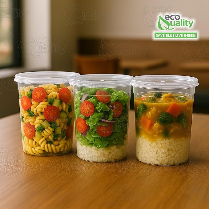 EcoQuality 24oz Clear Round Plastic Container with Lid - Disposable and Reusable Storage Containers for Leftovers, Meal Prep, Takeout, Catering, Picnics and Everyday Use (15)