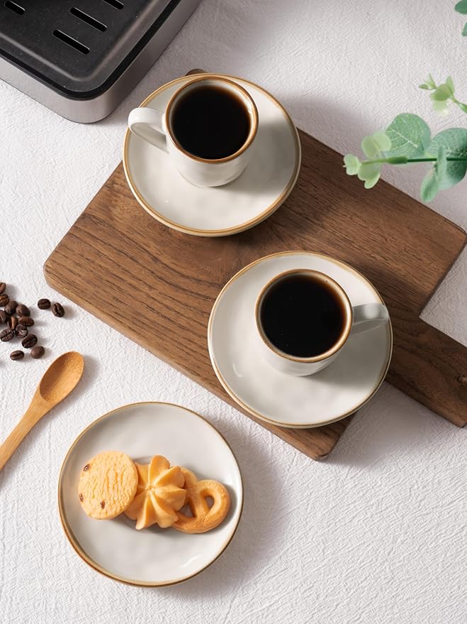 famiware Ocean Espresso Cups with Saucers Set of 4, 3.34oz Espresso Cup Set, Coffee Mug Set for Latte, Macchiato, Stoneware Demitasse Cups Set for Cafe, Microwave&Dishwasher Safe, Cappuccino White