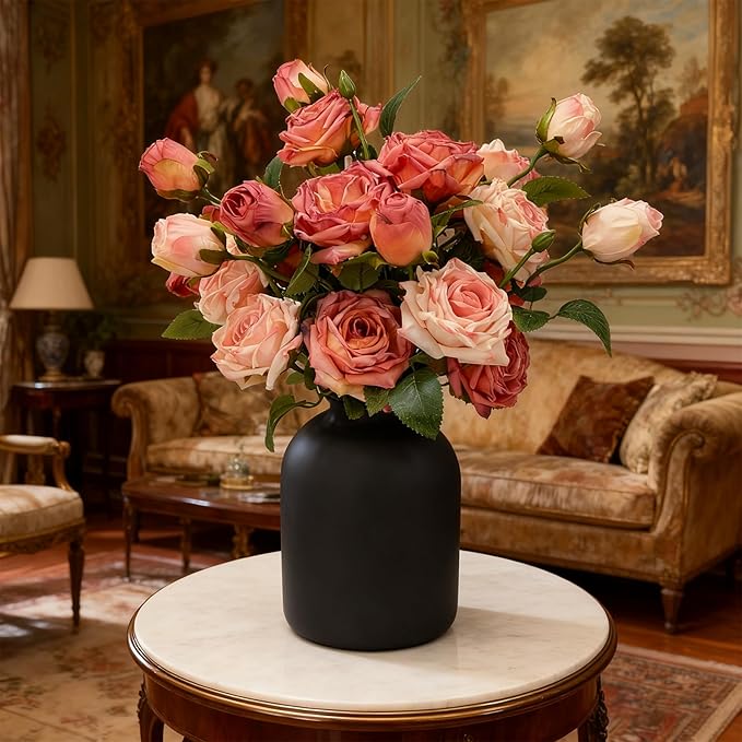 Artificial Flowers with Matte Black Metal Vase, 18 Heads Silk Roses,Faux Flowers for Centerpieces,Modern Farmhouse Decor Home Decor, Tabletop Decorations for Party, Kitchen Dining Coffee Table Decor