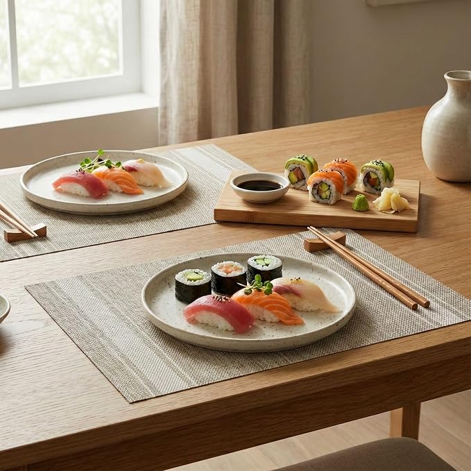 Restaurantware French Countryside 16 x 12 Inch Dining Table Placemats Set Of 6 Heat-Tolerant Kitchen Table Mats - Eggshell Stripe No Stain Khaki Vinyl Woven Rectangle Placemats Easy To Clean