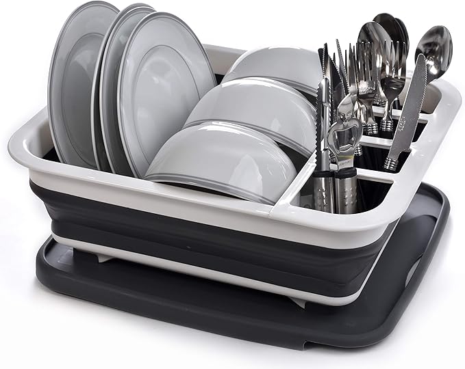 Masirs Pop-Up Collapsible Dish Drying Rack: Convenient Storage, Drains into Sink, Eight Large Plate Capacity, Sectional Cutlery and Utensil Compartment. Compact and Portable Design.