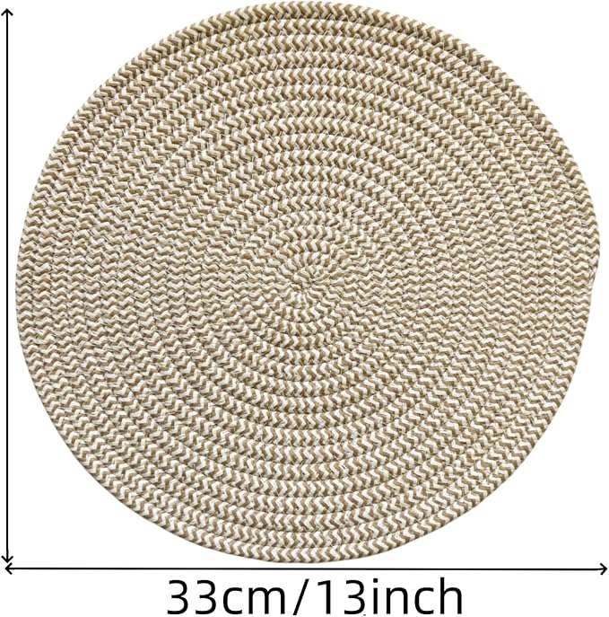 WAZAIGUR Round Placemats Washable Thick Cotton Absorbent 13 inch Round Table Mats for Kitchen Dining Table Set of 4 Round Woven Fabric Indoor/Outdoor Place Mats (Khaki and White, 4)