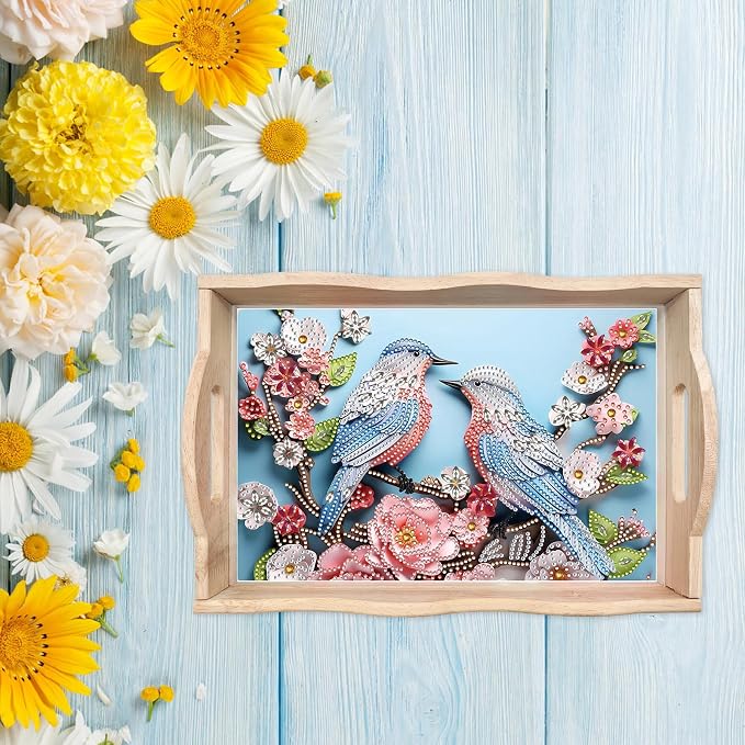 BAYUNOE DIY Diamond Serving Tray Rectangular Breakfast Tray with Handle Handmade Diamond Art Painting Wooden Tray Spring Creative Dinner Plate Coffee Room Living Home Organizer-Bird Flower