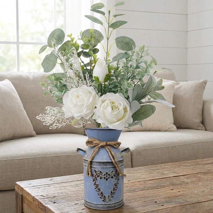 Faux Flowers in Vase 17.5" H Artificial Silk Roses Flower Fake Plants Eucalyptus Arrangement in Metal Vase Faux Silk Floral for Dining Table Centerpieces Home Office Decoration (White/Blue Vase)