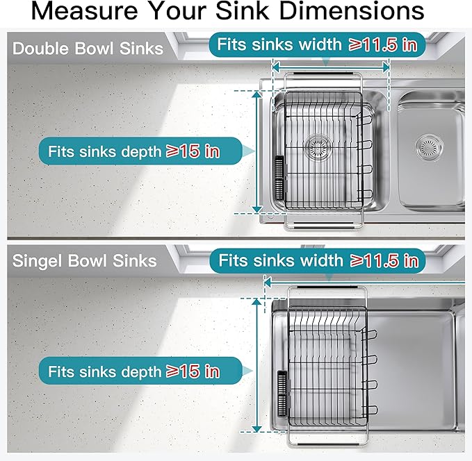 Black Dish Drying Rack Over the Sink In Stainless Steel Expandable Drainer for Small Kitchen, Counter Space Saving Compact Inside Sink Plate Dryer, Adjustable Hanging Metal Wire Strainer Drain Holder