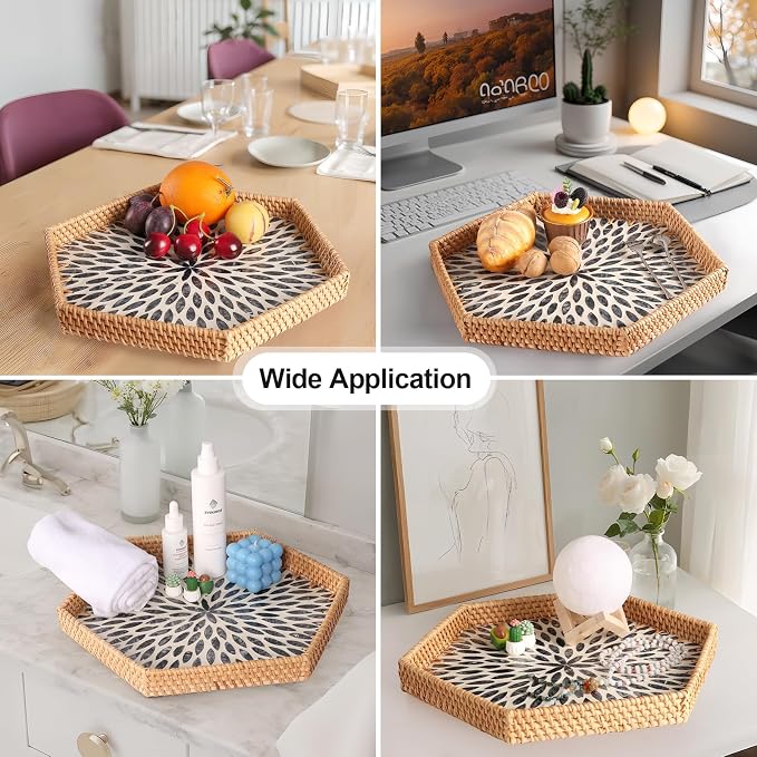 Hexagon Rattan Tray with Mother of Pearl Inlay, Rattan Serving Tray for Coffee, Bread, Fruits, Snacks, Decorative Wicker Tray for Table Decor, Home Decor (Black Leaves, 14.5"×12.8")