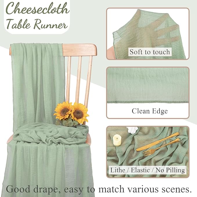 Sage Green Cheesecloth Table Runner 10ft Boho Gauze Table Runner for Baby Shower 32x120 Inches Rustic Cheese Cloth for Wedding Shower Valentines Party Summer Home Decorations