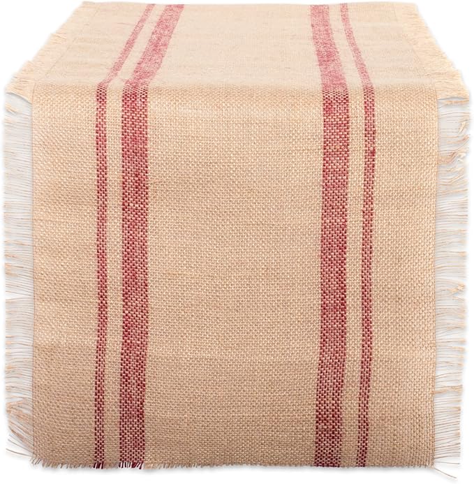 DII Jute Burlap Collection Kitchen Tabletop, Table Runner, 14x108, Double Border Barn Red