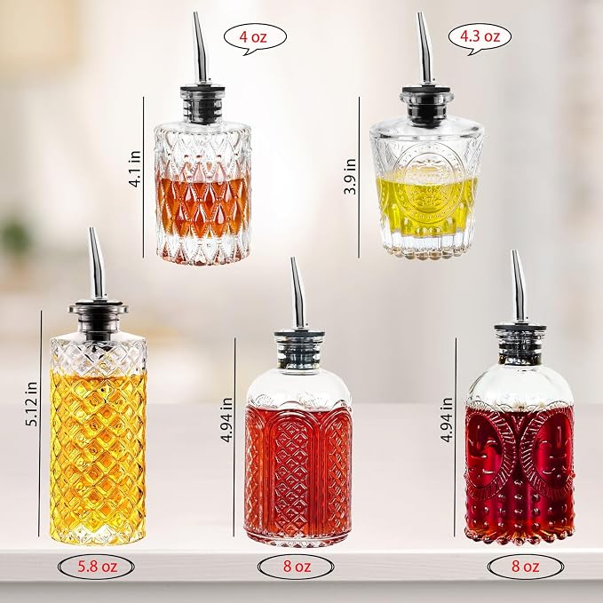 Syrup Dispenser Bottles Set - 5 Pack Simple Syrup Bottles with Metal Pour Spout and Dust Caps,For Syrups,Honey,Olive Oil,Condiments,Syrup Dispenser for Coffee Bar with Labels