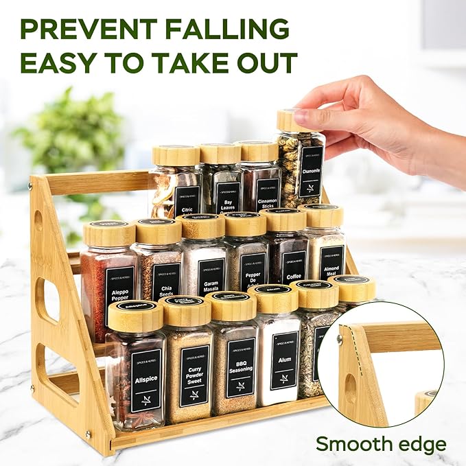 Spice Rack - Tiered Spice Rack Organization for Cabinet - 3 Tier Bamboo Display Spice Shelf for Countertop，Holds 24 Spice Jars