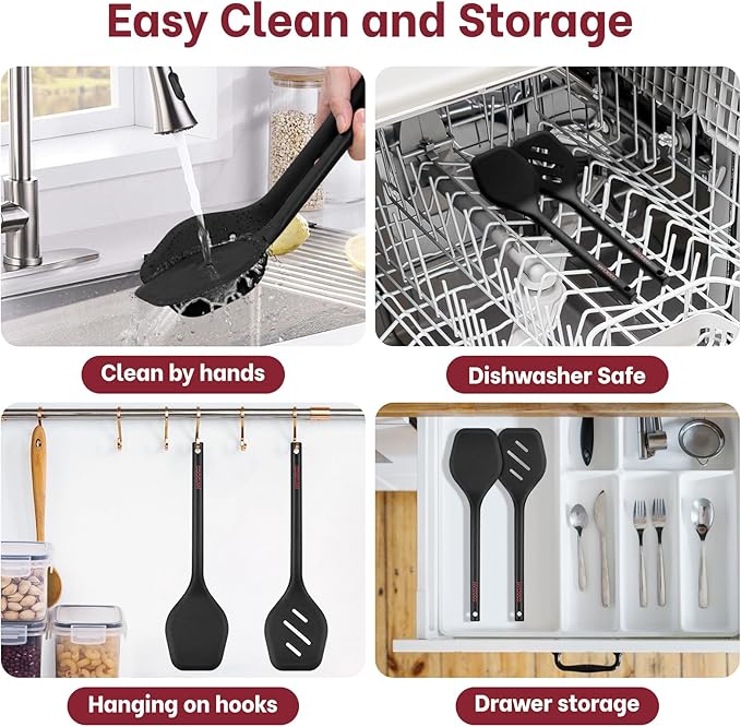 Pack of 2 Silicone Spatula Set, Durable One-Piece Design Heat Resistant BPA-Free Silicone Kitchen Spatulas for Non-Stick Pans, Solid & Slotted Spatula Turner Ideal for Flipping, Frying, Black