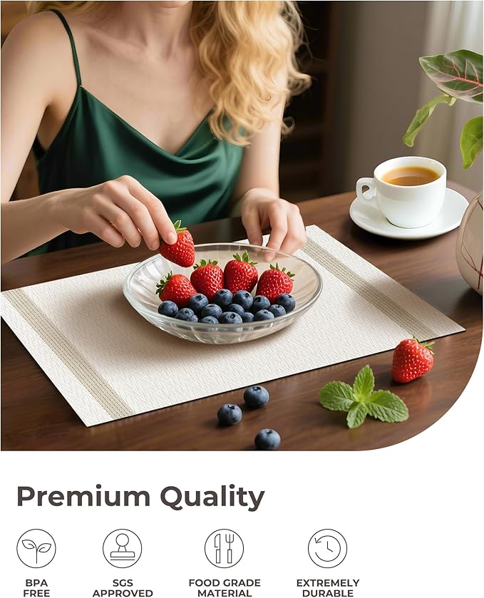 Leetaltree White Vinyl Woven Placemats Set of 12 - Washable Dining Table Placemats Striped, Suitable for Wedding, Anniversary, Daily Use - Table Decor