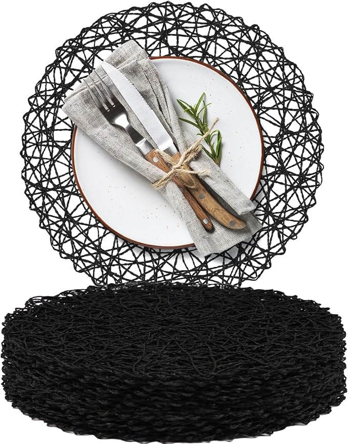 AHHFSMEI Paper Braided Round Placemats Set of 12 Natural Non-Slip Heat Resistant Table Mats for Dining Tables Woven Indoor & Outdoor Place mats(Black,12)
