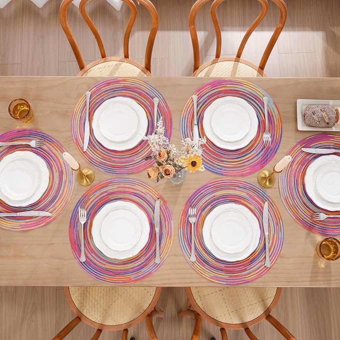 SHACOS 15 inch Round Placemats Set of 6 Variegated Multicolor Place Mats Cotton Polyester Braided Non Slip Washable Heat Resistant Table Mats for Home Wedding Dinner Party Table Decor, Rainbow Pink