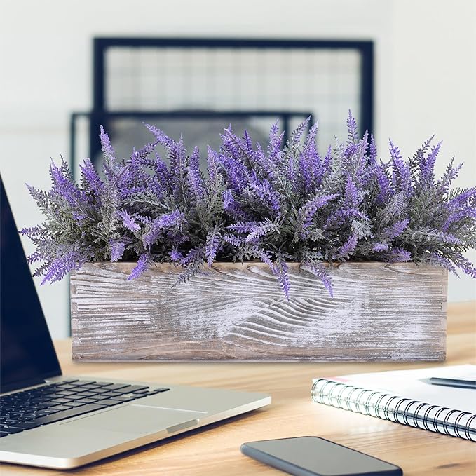 Winlyn 14" Faux Lavender Plant in Rustic Rectangular Wood Planter Box Artificial Lavender Flower Arrangement Potted Plant for Farmhouse Wedding Centerpiece Provence Home Office Room Table Mantel Décor