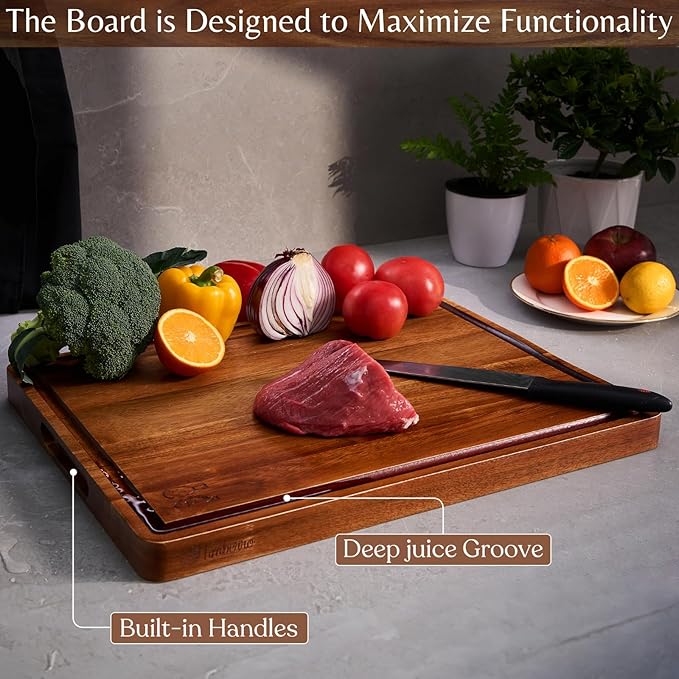 Acacia Wood Cutting Board (17x12x1.2 In.) - Big Wooden Non Toxic Hardwood Organic Meat Steak Chef Butcher Block Boards for Kitchen with Juice Groove