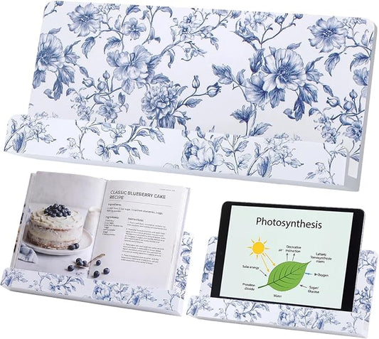 Hushee Chinoiserie Floral Recipe Book Holder Wood Blue and White Kitchen Decor Blue and White Cookbook Stand for Kitchen Countertop Recipe Book Holder for Cooking Lover Housewarming Gift, 18.7x8.7inch